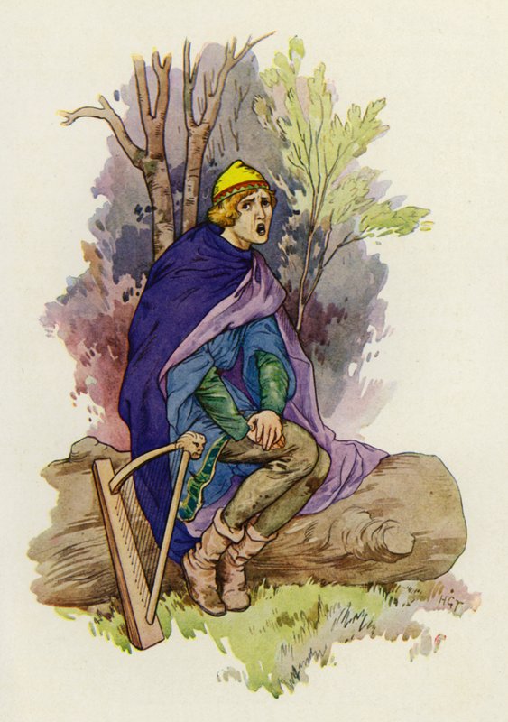 Mens han sad, skrålede den unge en sørgmodig vise (farvelitografi) af Harry George Theaker