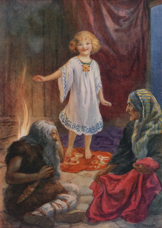 Aslaug, Aki og Grima, fra "Ragnar Lodbrog" (farvelitografi) af Harry George Theaker
