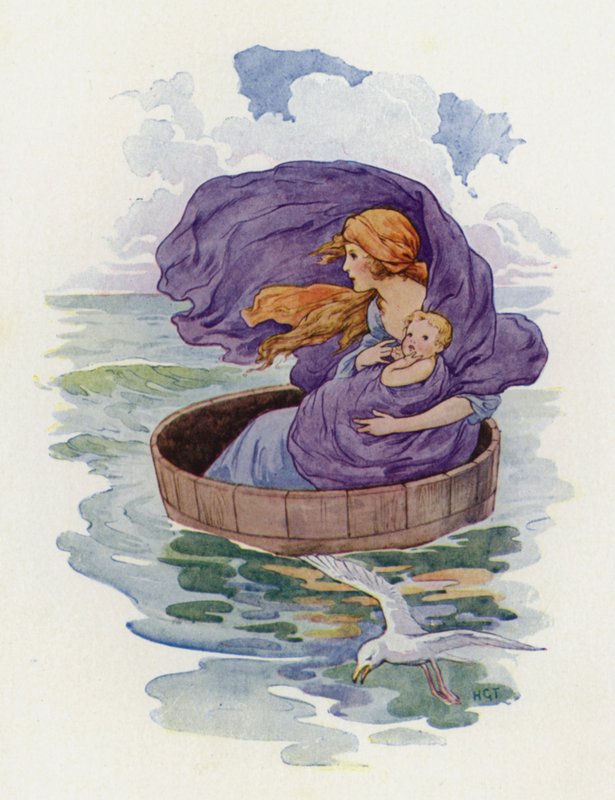 Away sailed Danae and her little son (farvelitografi) af Harry George Theaker