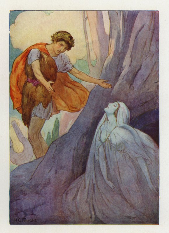 Orfeus skreg af glæde og forsøgte at fange den i sine arme (farvelitografi) af Harry George Theaker