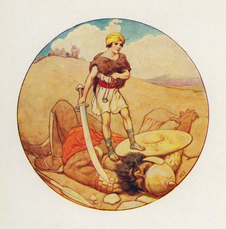 David greb kæmpens eget sværd og huggede hovedet af Goliat (farvelitografi) af Harry George Theaker