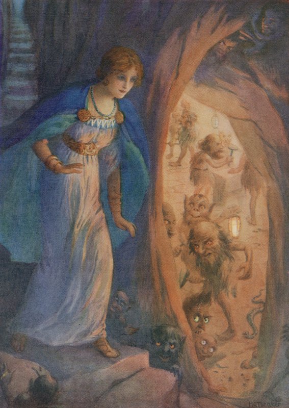 Freyja i dværgenes hule, fra "Freyjas halskæde" (farvelitografi) af Harry George Theaker