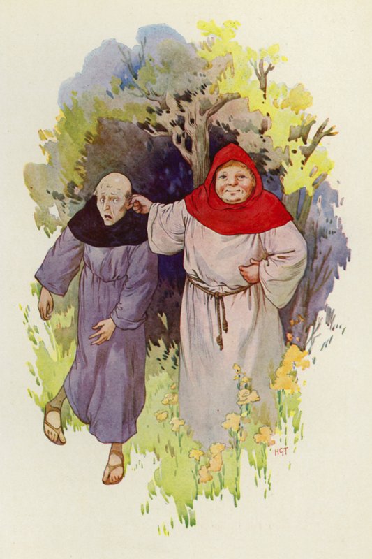 Broder Tuck fører en mager, ulykkelig munk ved øret (farvelitografi) af Harry George Theaker