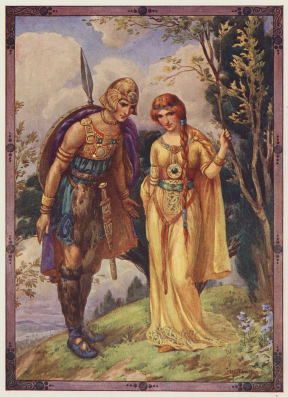 "Giv mig lov til at være din bejler", Prinsen af Dyfed (farvelitografi) af Harry George Theaker