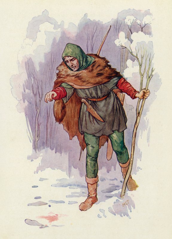 "Ha!" råbte skovfogeden Herbert, "der har været et drab her!" (farvelitografi) af Harry George Theaker