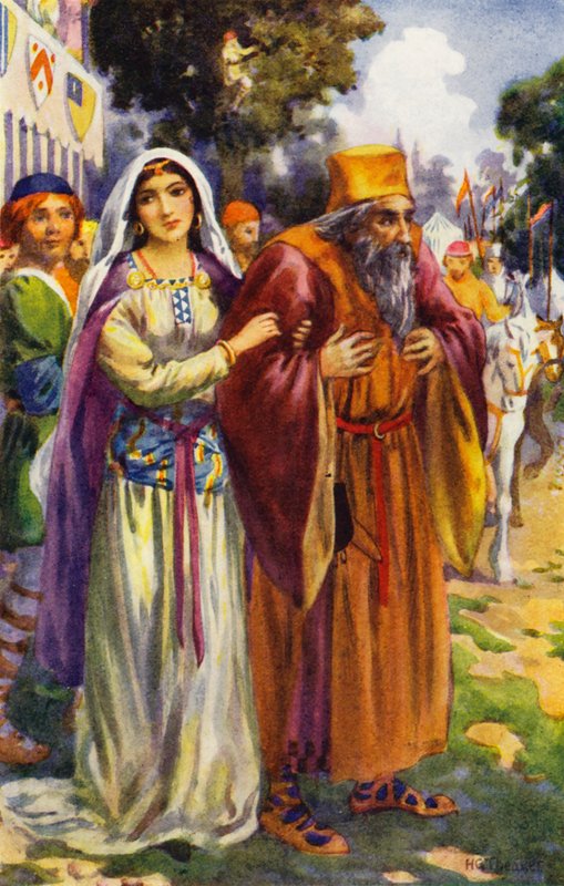 "Han så jøden Isak og hans dejlige datter Rebecca" (farvelitografi) af Harry George Theaker