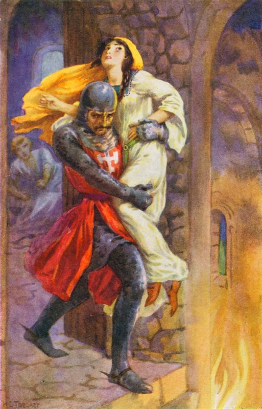 "Han greb hende og bar hende ud af lejligheden" (farvelitografi) af Harry George Theaker