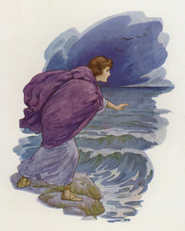 Helten løb ned til stranden (farvelitografi) af Harry George Theaker