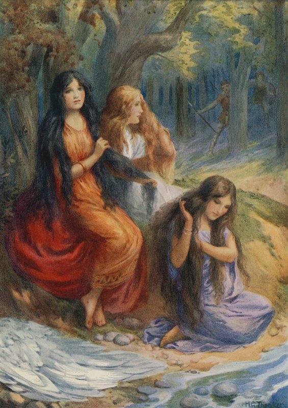 Hladgrun, Olrun og Alvit, fra "Wayland the Smith" (farvelitografi) af Harry George Theaker