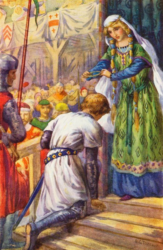 "Jeg skænker dig denne krans, hr. ridder" (farvelitografi) af Harry George Theaker