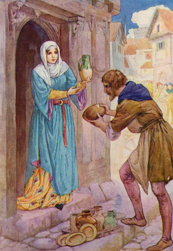 "Jeg bringer disse stakkels kar som en gave til Mistress de Rainault," sagde Robin til tjenerkvinden (farvelitografi). af Harry George Theaker