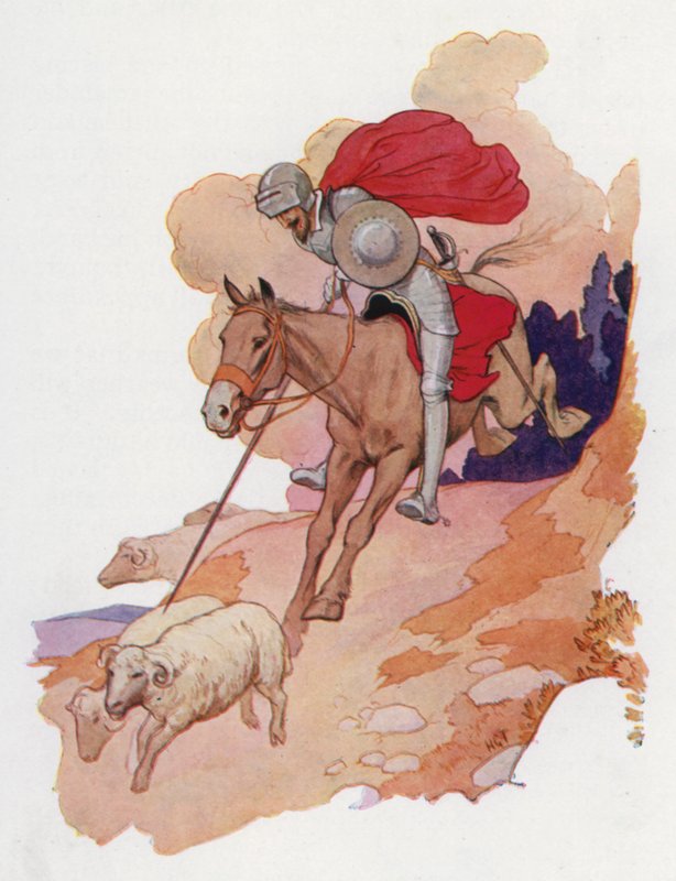 Illustration til Don Quijote (farvelitografi) af Harry George Theaker