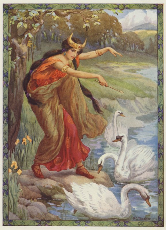"Hvad så hun i stedet for de fire børn", The Children of Lir (farvelitografi) af Harry George Theaker