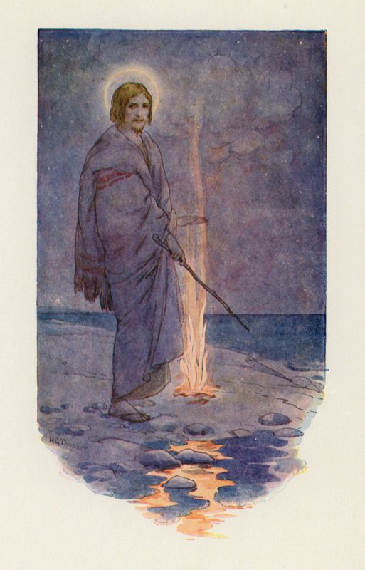 Jesus stod på bredden (farvelitografi) af Harry George Theaker