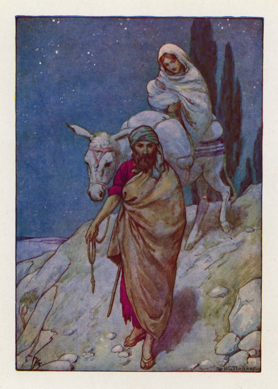 Josef stod op og tog det lille barn og hans mor om natten og drog til Egypten (farvelitografi). af Harry George Theaker