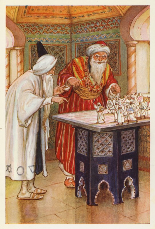 Kong Aben Habuz og den arabiske astrolog (farvelitografi) af Harry George Theaker