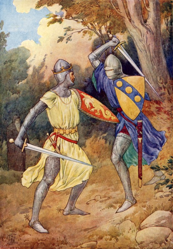 Kong Arthur kæmper med den fremmede ridder (farvelitografi) af Harry George Theaker