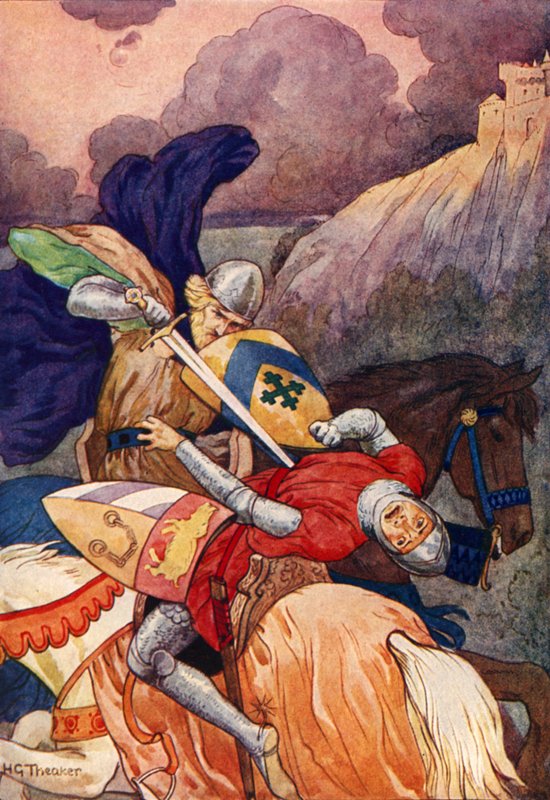 Kong Arthur stikker sin fjende i brystet (farvelitografi) af Harry George Theaker