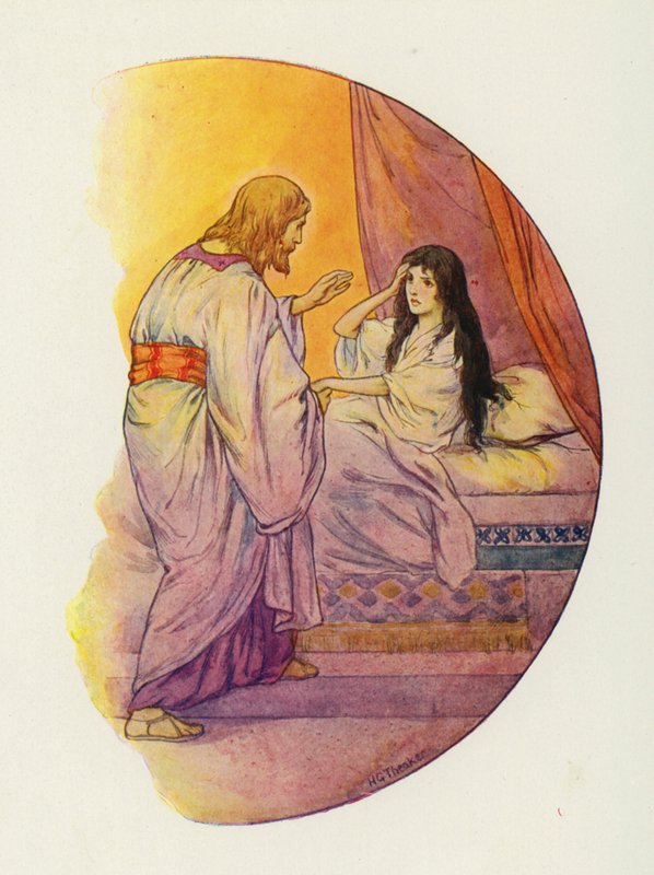 "Lille pige," sagde han, "rejs dig!" (farvelitografi) af Harry George Theaker