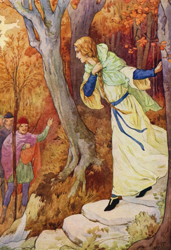 Marian kom løbende (farvelitografi) af Harry George Theaker