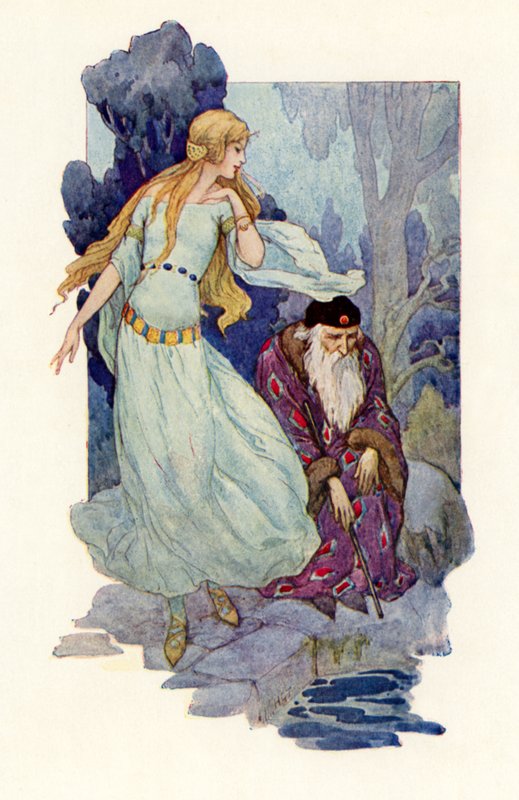 Merlin forhekset, da feen sang (farvelitografi) af Harry George Theaker