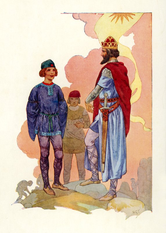 Merlin ført frem for kongen (farvelitografi) af Harry George Theaker