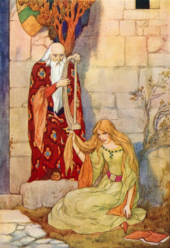 Merlin spiller på sin harpe med feen Nimue (farvelitografi) af Harry George Theaker
