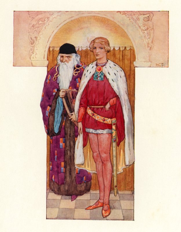 Merlin med Galahad ved sin side (farvelitografi) af Harry George Theaker
