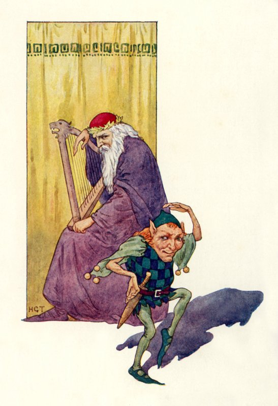 Spillemænd og dværge underholder kongen (farvelitografi) af Harry George Theaker