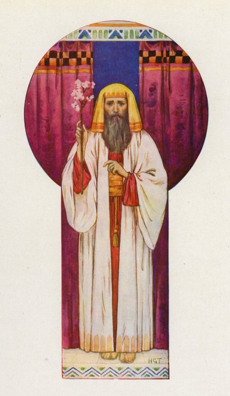 Moses holdt tryllestavene op (farvelitografi) af Harry George Theaker