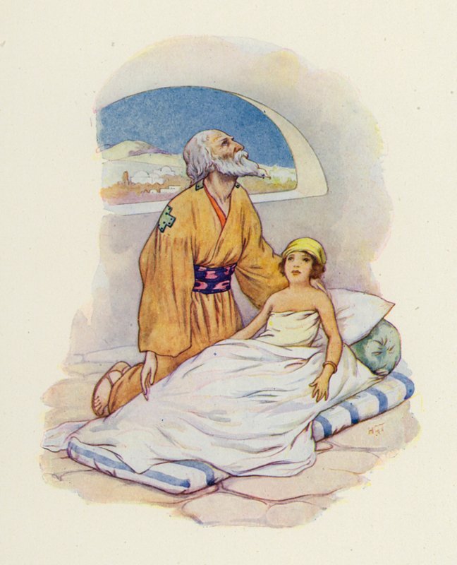 Endnu en gang trykkede Elisa det lille barn tæt ind til sig (farvelitografi) af Harry George Theaker