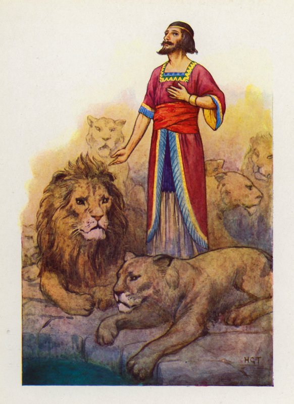Ud af hulens dyb kom Daniels egen stemme (farvelitografi) af Harry George Theaker