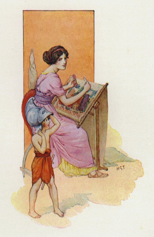 Penelope med sin søn Telemachos (farvelitografi) af Harry George Theaker