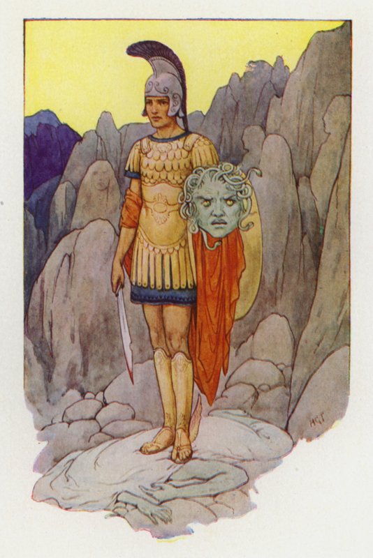 Perseus og gorgonens hoved (farvelitografi) af Harry George Theaker