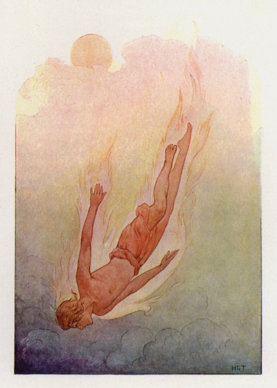 Phaeton med håret i flammer falder ned i en dyb, kølig flod (farvelitografi) af Harry George Theaker