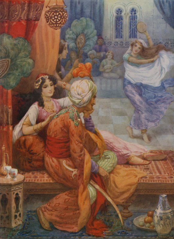 Prins Ahmed og feen Banou (farvelitografi) af Harry George Theaker