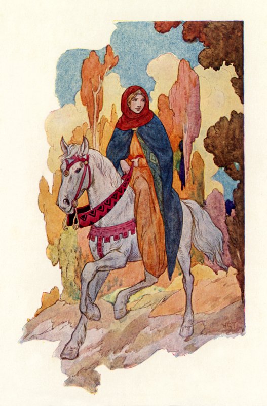 Prinsesse Guinevere rider (farvelitografi) af Harry George Theaker
