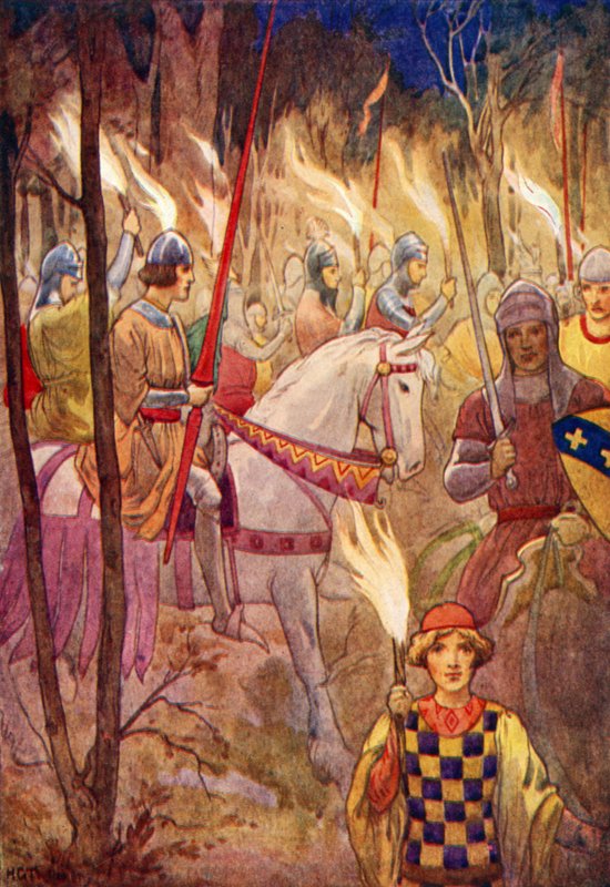 Procession af riddere med fakler (farvelitografi) af Harry George Theaker