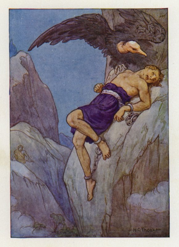 Prometheus lænket til en klippe (farvelitografi) af Harry George Theaker
