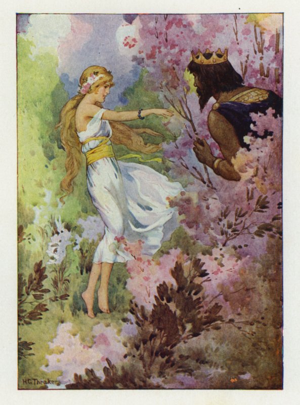 Proserpine danser blandt liljerne, overvåget af en stor konge (farvelitografi) af Harry George Theaker