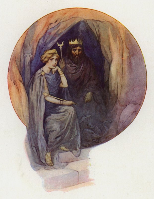 Proserpine sidder klædt i lange sorte gevandter på en stor sort trone med den voldsomme sorte konge ved siden af sig (farvelitografi) af Harry George Theaker