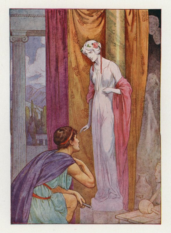 Pygmalion og skulpturen (farvelitografi) af Harry George Theaker