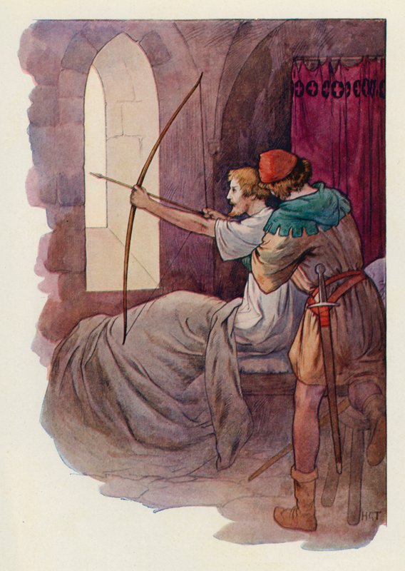 Robin sad op i sengen og skød pilen ind i den grønne skov bag klostermuren (farvelitografi). af Harry George Theaker