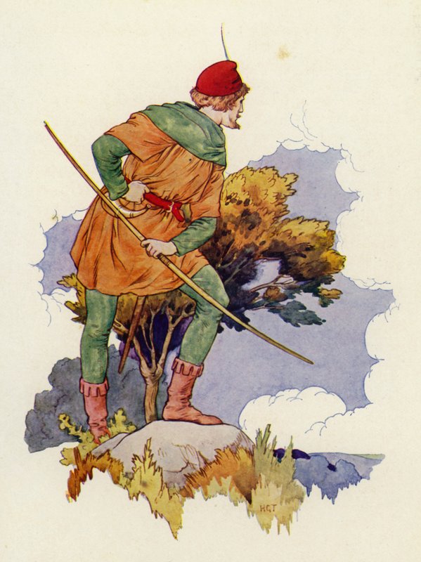 Robin udspionerede forsamlingen i Guys grange på afstand (farvelitografi) af Harry George Theaker