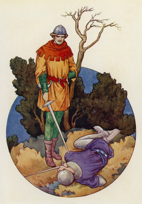 Robin slog til og med et stort slag slog han Guy af Gisborne ihjel (farvelitografi) af Harry George Theaker