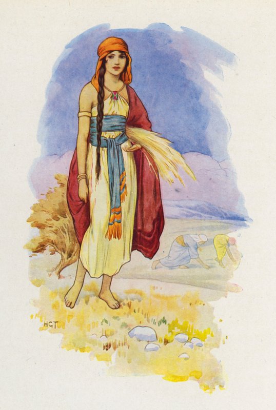 Ruth samler ind på marken (farvelitografi) af Harry George Theaker