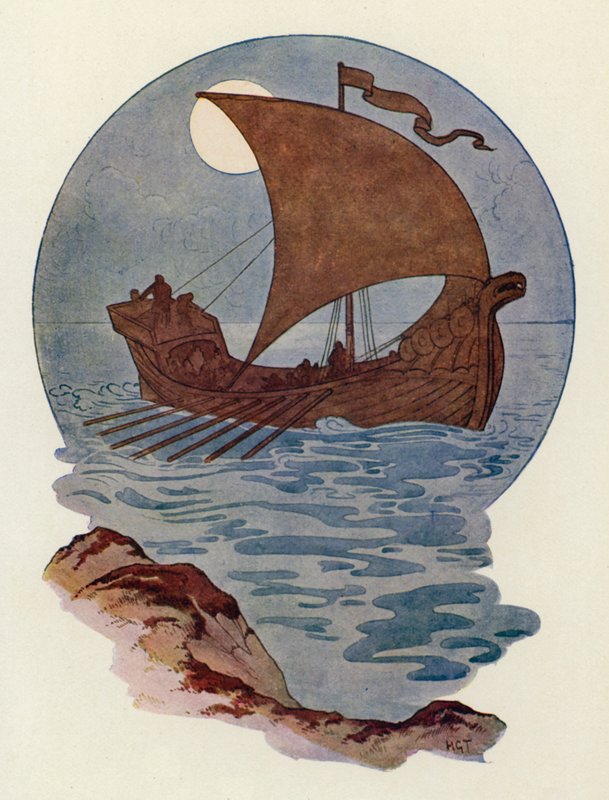 Hun var bygget som et nordisk krigsskib (farvelitografi) af Harry George Theaker