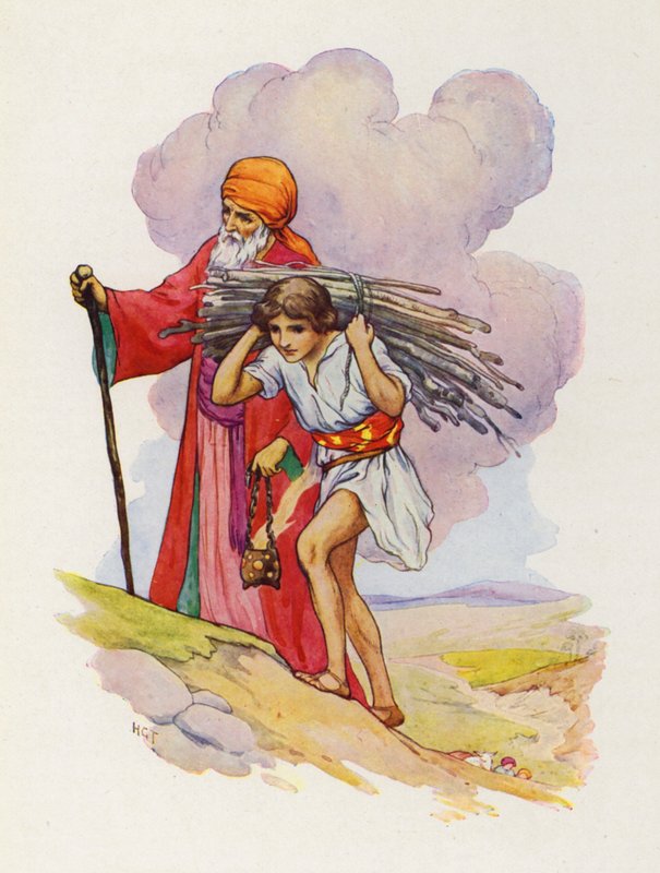 Side om side klatrede Abraham og Isak op ad den stejle sti (farvelitografi) af Harry George Theaker