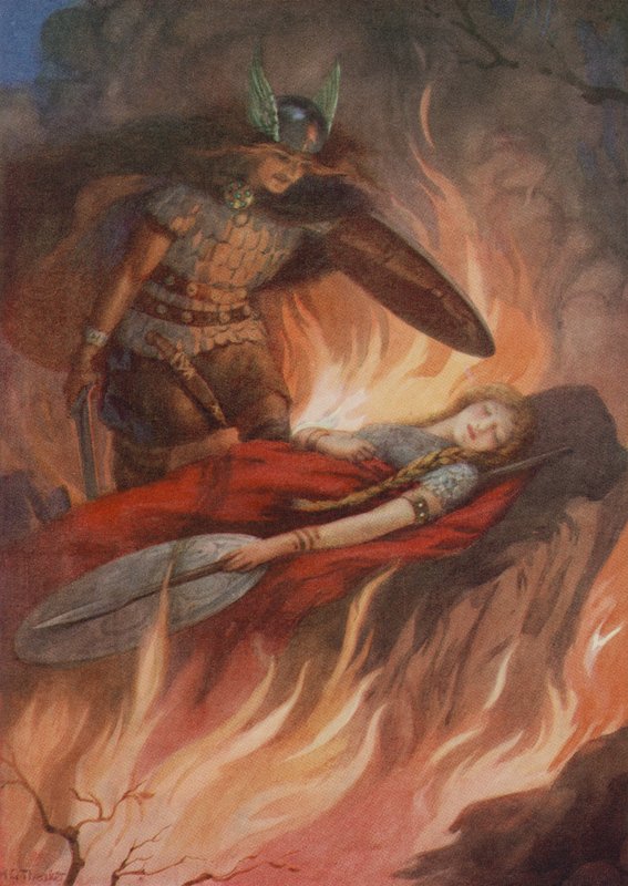 Sigurd og Brynhild, fra "The Sword of the Volsungs" (farvelitografi) af Harry George Theaker
