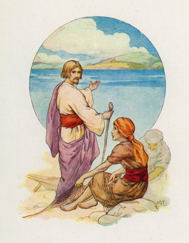 "Simon Peter og Andreas, kom! Følg mig!" (farvelitografi) af Harry George Theaker